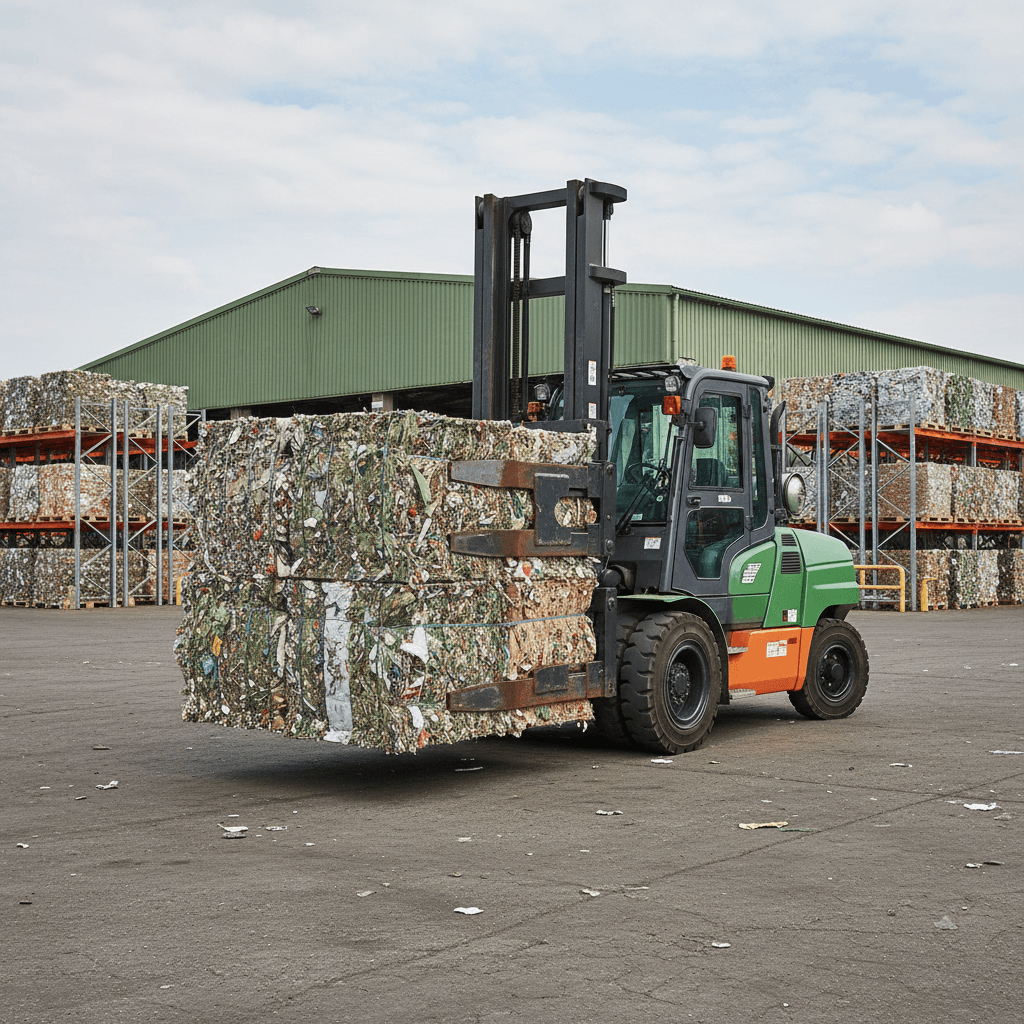 Bale clamp forklift attachment handling recycling bales